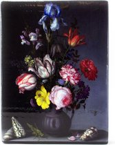 Decoratief Beeld - Meesters-op-hout. Bloemstilleven Met Sprinkhaan. Balthasar Vd Ast - Hout - Lanzfeld - Multicolor - 19.5 X 3 Cm