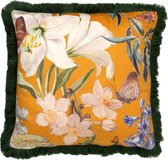 Dutch Decor HANNA - Kussenhoes velvet 45x45 cm - Golden Glow - geel - bloemen - vlinders - franjes - met rits