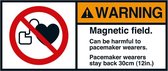 Warning Magnetic field stay back sticker, ANSI 70 x 160 mm