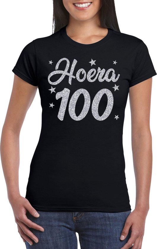 Hoera 100 jaar verjaardag cadeau t-shirt - zilver glitter op zwart - dames  - cadeau... | bol.com