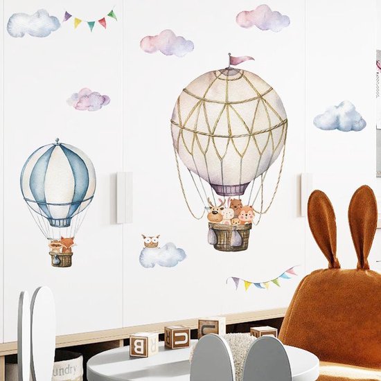 Muursticker | Luchtballon met Dieren | Wanddecoratie | Muurdecoratie | Slaapkamer | Kinderkamer | Babykamer | Jongen | Meisje | Decoratie Sticker |