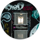 Dibond Wandcirkel - Zwarte Muur met Graffiti - 70x70cm Foto op Aluminium Wandcirkel (met ophangsysteem)