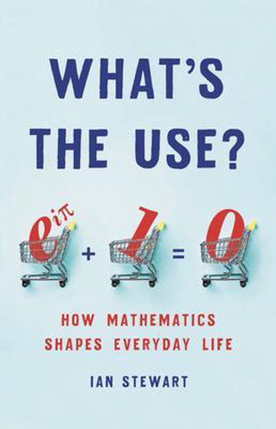 Couverture du livre 'WHAT'S THE USE? HOW MATHEMATICS SHAPES EVERYDAY LIFE' par Ian Stewart. Trois caddies miniatures avec les expressions mathématiques e^iπ, 10 et 0.