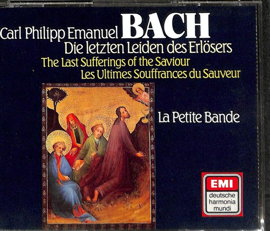 Compact disc hoes met een schilderij van Bijbelse figuren, "Carl Philipp Emanuel Bach Die letzten Leiden des Erlösers The Last Sufferings of the Saviour" en "La Petite Bande".