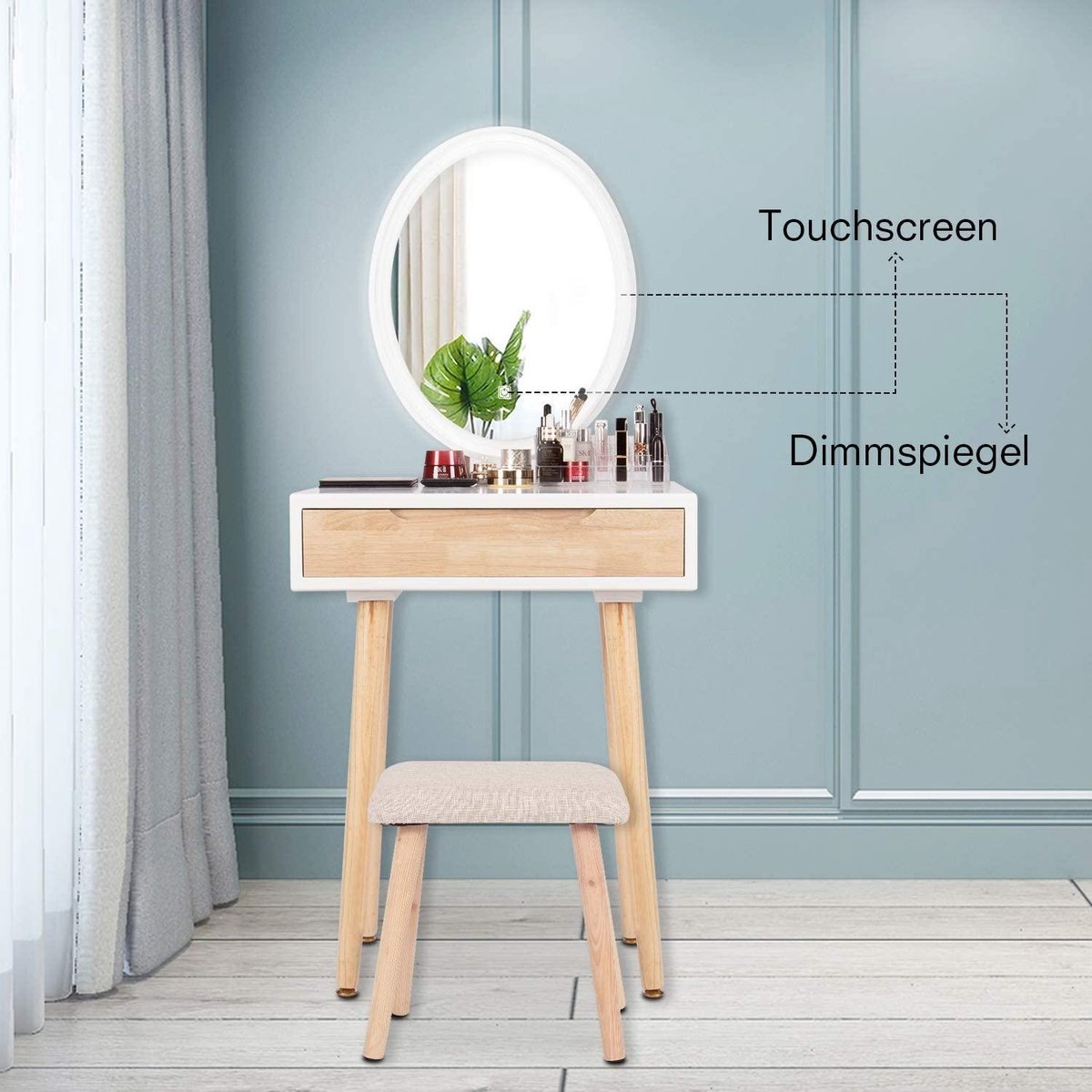 YU YUSING Make-uptafel Met LED Verlichting En Kruk - Ovaal Spiegel Kaptafel