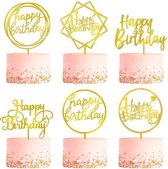 Partygoodz 6 Stuks Gouden Happy Birthday Taarttopper & Caketopper Set – Taartversiering – Decoratie Topper Goud