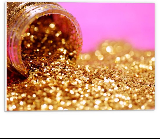 Forex - Potje Met Gouden Glitters Voor een Roze Achtergrond - 40x30cm Foto op Forex