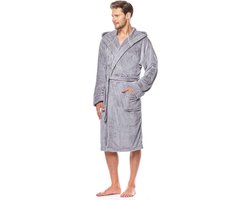 Fleece badjas lichtgrijs - mouwborduring #Best - capuchon - kuitlengte - maat XL
