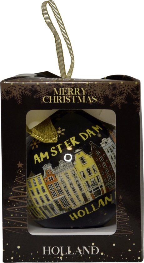 Giftbox XL Boule de Noël: "Merry Christmas" - Amsterdam, Holland avec canaux - Zwart - 1 pièce
