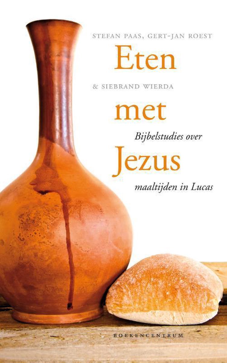 Boekomslag met oranje kruik en broodje, titel 'Eten met Jezus'.