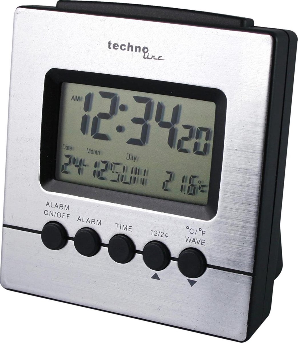 Technoline WT 228 - Wekker - Binnentemperatuur - Radiogestuurde tijdsaanduiding - 12/24 - Datumaanduiding - Alarm - Snooze - Achtergrond verlichting - Zilverkleurig - Zwart