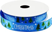 Kerst Lint 16mm (1,6cm) | Luxe Satijnlint | Merry Christmas Kerstbomen | Blauw Groen Wit | Satijn Lint | Cadeaulint | Kerstlint | Rol: 10 Meter