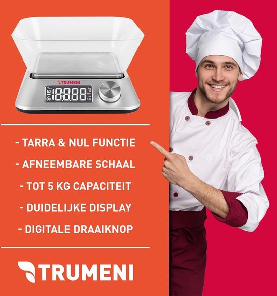 TRUMENI Digitale Precisie Keukenweegschaal - Digitaal Weegschaal voor Keuken - Weegt 1 tot 5000 Gram (5kg) - Inclusief Batterijen - Trumeni