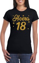 Hoera 18 jaar verjaardag cadeau t-shirt - goud glitter op zwart - dames - cadeau shirt S