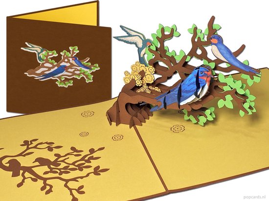 Popcards popupkaarten – Vogels in een boom met takken Zwaluw Boerenzwaluw Vrijheid Felicitatie Verjaardag Vogeltjes pop-up kaart 3D wenskaart