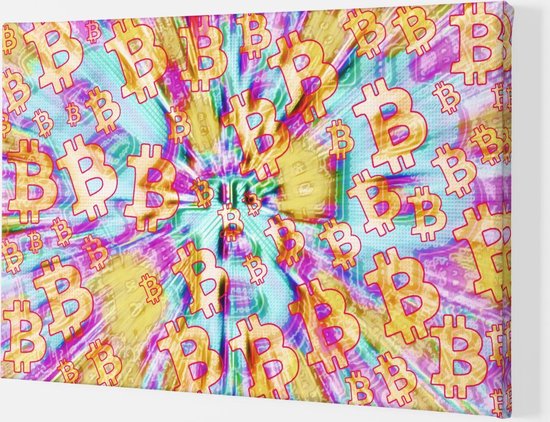 Abstract Multikleuren Bitcoin CryptoArt 90x60cm| Cryptocurrency Digitaal Moderne Kunstwerk Wanddecoratie Canvas Schilderij NFT art Ethereum