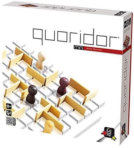 Doosspel Quoridor Mini met houten pionnen op een labyrintbord met hekjes, 8+ en 2 spelers aangegeven.