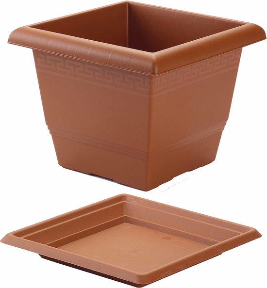 4x stuks vierkante plantenbakken terra cotta kleur met opvangschaal 26 x 26  x 20 cm -... | bol.com