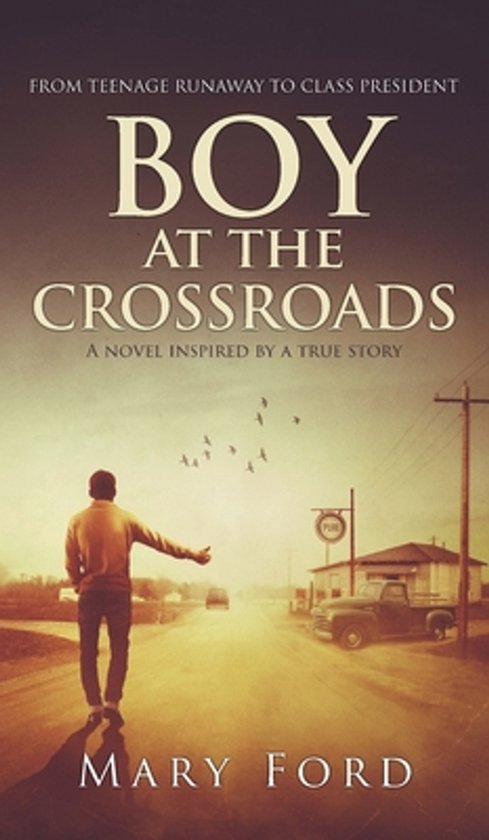 Boekcover: Jongen die meerijdt langs een landweg, met de titel 'Boy at the Crossroads' en 'Mary Ford'.