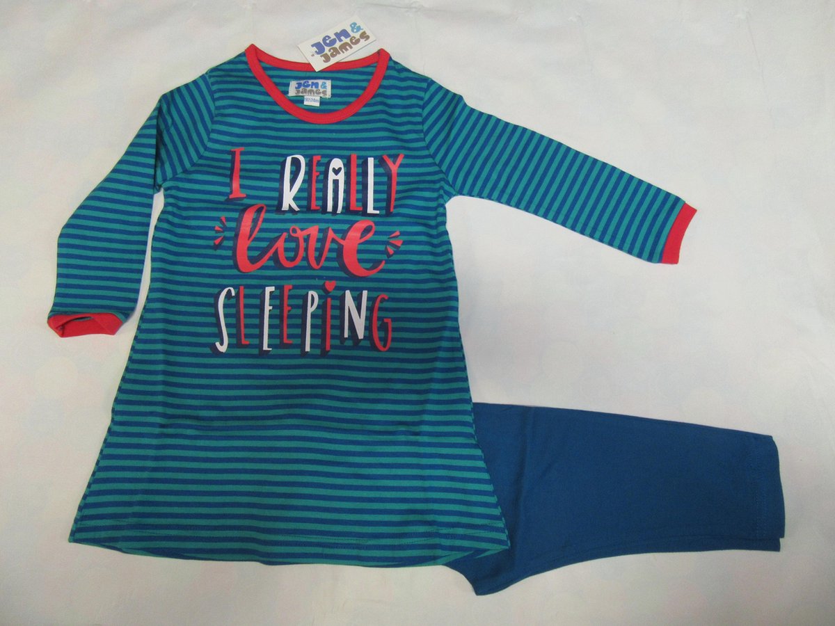 Wiplala Jen & James - Pyjama - Meisje - I really love sleeping - 5 jaar 110 groen , blauw