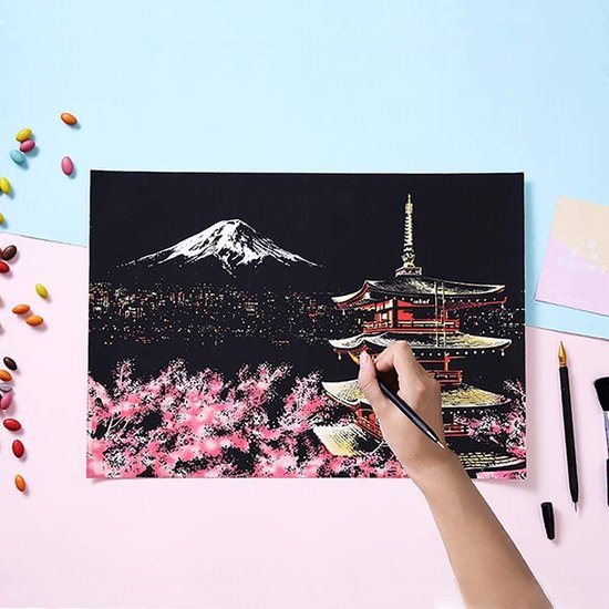Scratch Art Adultes - 41 x 28 cm - Mont Fuji - Ensemble de dessins