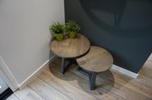 M2-Meubels Set industriële eikenhouten salontafels met rond blad kleur blackwash en industrieel onderstel