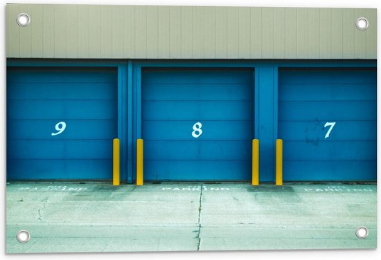 Tuinposter – Garage Deuren Blauw met Cijfers - 60x40cm Foto op Tuinposter  (wanddecoratie voor buiten en binnen)