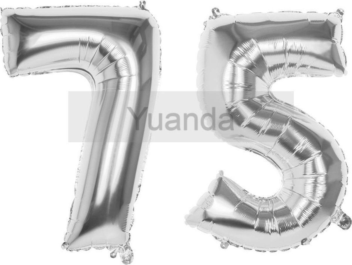 75 Jaar Folie Ballonnen Zilver- Happy Birthday - Foil Balloon - Versiering - Verjaardag - Man / Vrouw - Feest - Inclusief Opblaas Stokje & Clip - XXL - 115 cm