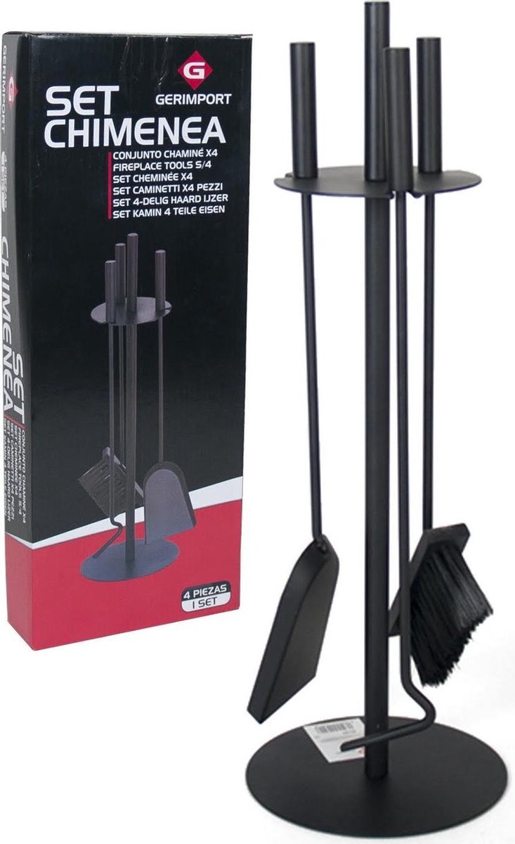 KaminoFlam openhaardset ijzer - openhaardaccessoires zwart - openhaardset modern - openhaardset met bestek - openhaardgereedschap 4-delig met standaard & pookset