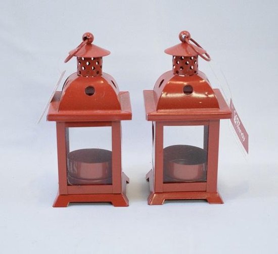 Waxinelichtjeshouder, set van 2, rood: 14 x 7 x 7 cm: metaal