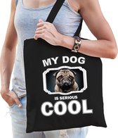 Dieren mopshonden tasje katoen volw + kind zwart - my dog is serious cool kado boodschappentas/ gymtas / sporttas - honden / hond