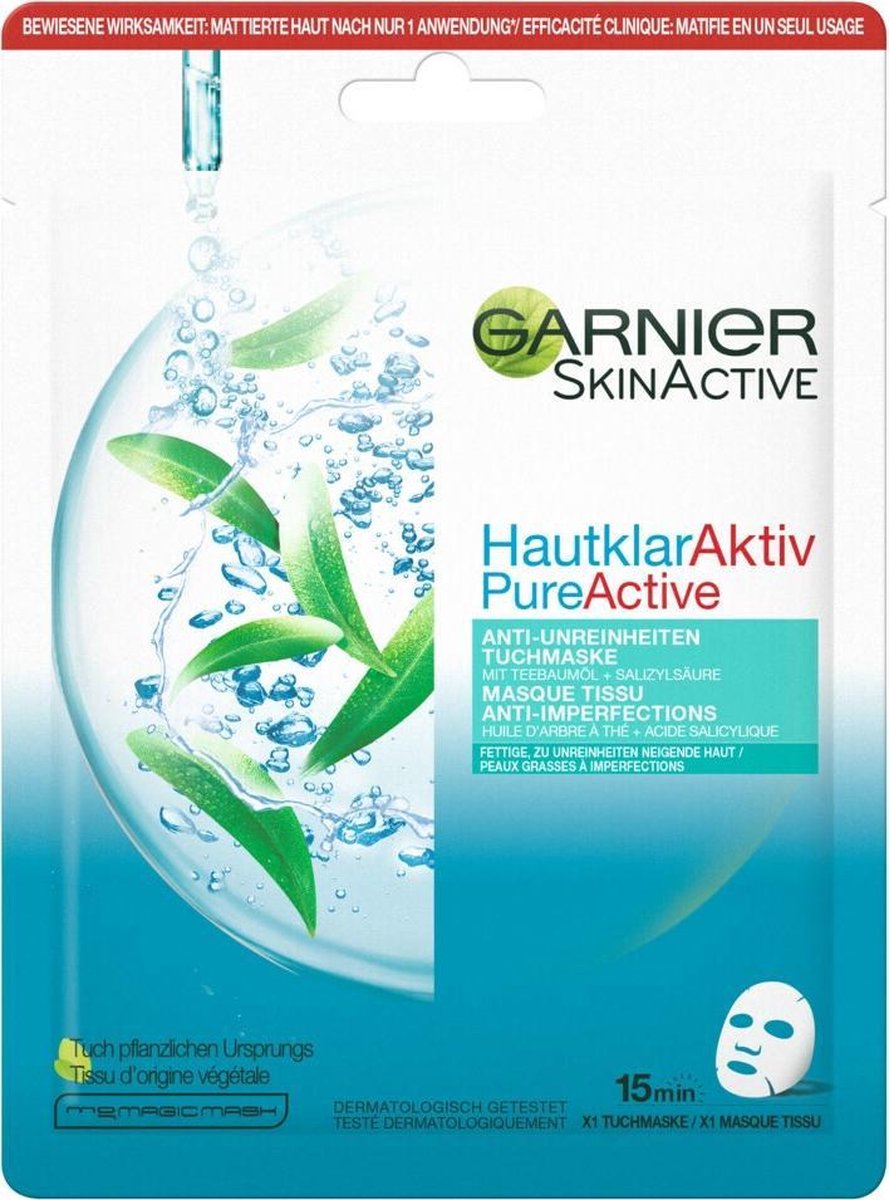 Garnier Skinactive Face Pure Active Tea Tree Sheet Mask - 1 Stuk - Gezichtsmasker tegen Onzuiverheden
