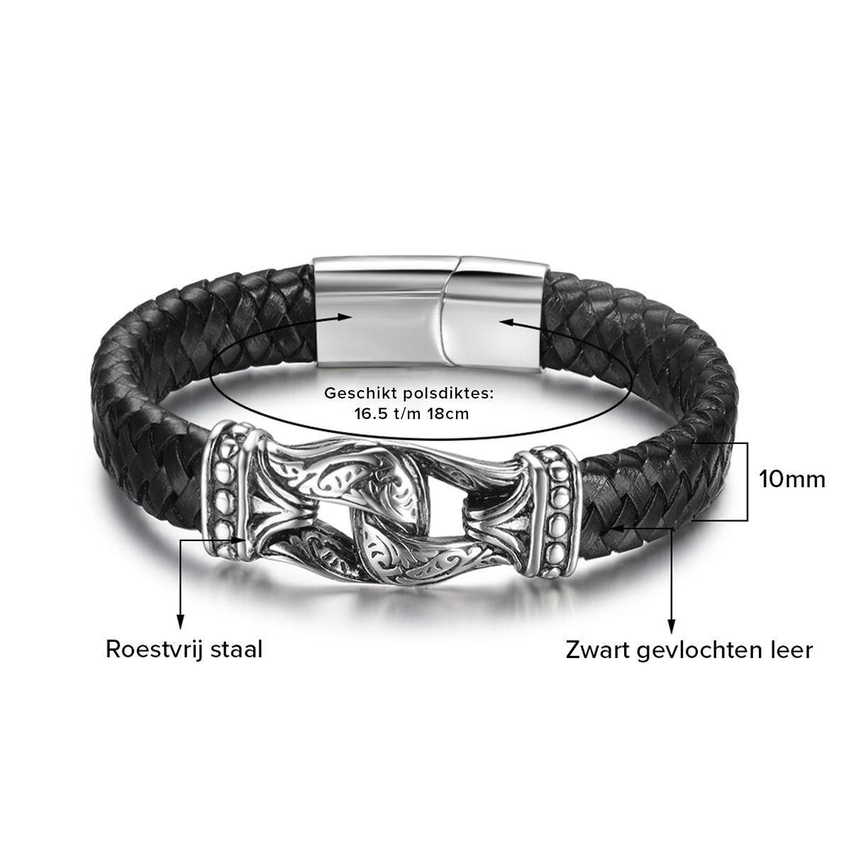 Monogram Patroon met V - Leren Armband voor Heren - Zwart met Grijs - Armband  Heren 