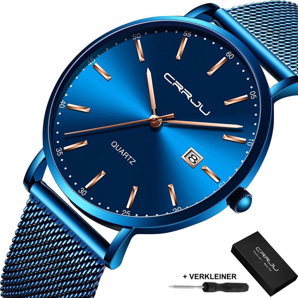 CRRJU - Horloge Heren Dames Unisex - Cadeau voor Vrouw en Man - 41 mm - Blauw Rosé