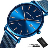 CRRJU - Horloge Heren Dames Unisex - Cadeau voor Vrouw en Man - 41 mm - Blauw Rosé