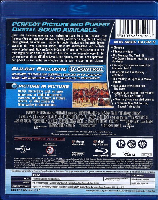De achterkant van de Blu-ray hoes van The Mummy Returns met filminformatie en extra's.