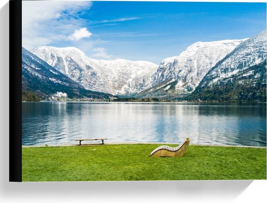 Toile - Banc et chaise longue au bord de l' Water avec des montagnes - Peinture photo sur toile 40x30cm (Décoration murale sur toile)