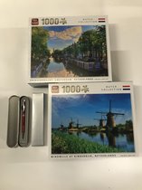 King - Legpuzzels Dutch Collection - Prinsengracht, Amsterdam, Netherlands + Windmills At Kinderdijk, Netherlands (2 x 1000 stuks) | 68 x 49 cm | inclusief unieke en praktische rode, blauw sc