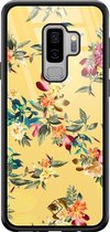Samsung S9 Plus hoesje glass - Bloemen geel flowers | Samsung Galaxy S9+ case | Hardcase backcover zwart