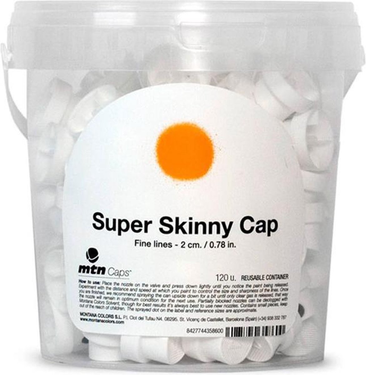 MTN Super Skinny Cap emmer van 120 spuitdoppen voor dunne lijnen.