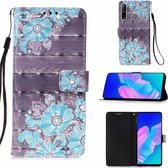 Hoesje voor Samsung Galaxy A21s - flip book case cover bloemen (lichtblauw) met koord en ruimte voor pasjes en print - Hoesje met leuk printje   - Bloemen hoesje voor Samsung A21s.