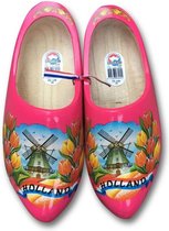 Felroze houten klomp met molen en tulpen, maat 46