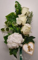Boeket - 06 - 60 cm - Witte Bolchrysant -  3 rozen - Zijdenbloemen - Kunstbloemen - Vaasstuk