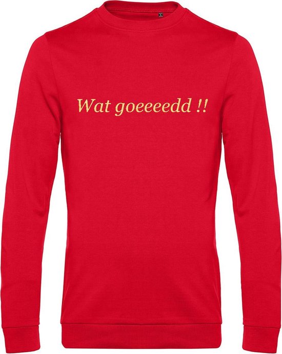 Sweater met opdruk “Wat goedddd!!!” Rode sweater met goudkleurige opdruk. Uitspraak die vooral bekend is geworden door het programma Chateau Meiland en Martien Meiland. Nu op je favoriete hoodie!