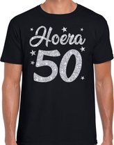 Hoera 50 jaar verjaardag cadeau t-shirt - zilver glitter op zwart - heren - Abraham cadeau shirt M