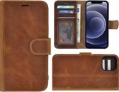 iPhone 12 Mini hoesje - Bookcase - Portemonnee Hoes Echt leer Wallet case Cognac Bruin