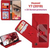 EmpX.nl Huawei Y7 (2019) Rood  Boekhoesje en 2x Screen Protector | Portemonnee Book Case | Met Multi Stand Functie | Kaarthouder Card Case | Beschermhoes Sleeve | Met Pasjeshouder