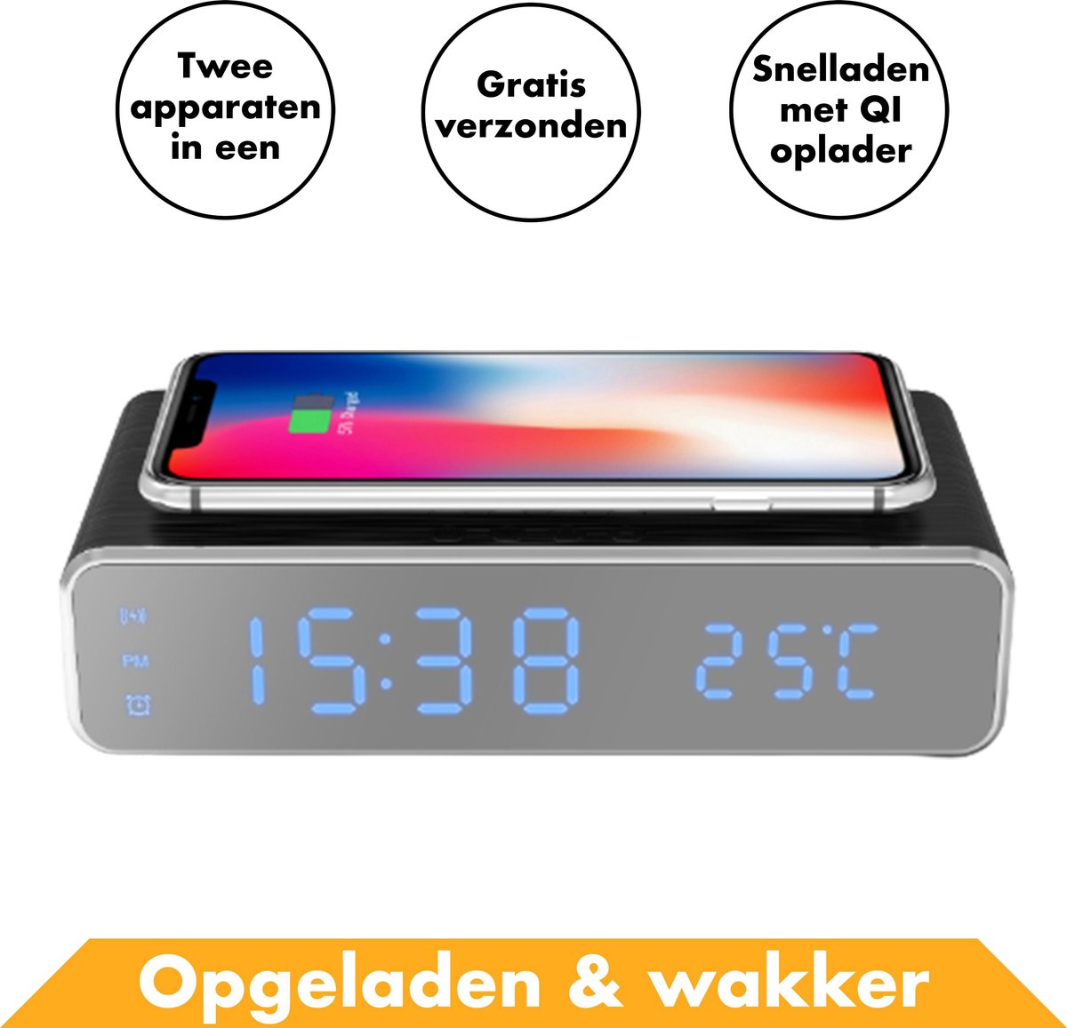 Slimme Zwarte Wekker & Draadloze Mobiele Telefoon Oplader in