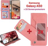 EmpX.nl Samsung Galaxy A50/A50s/A30s Rose Goud Boekhoesje en 2x Screen Protector | Portemonnee Book Case | Met Multi Stand Functie | Kaarthouder Card Case | Beschermhoes Sleeve | Met Pasjesho