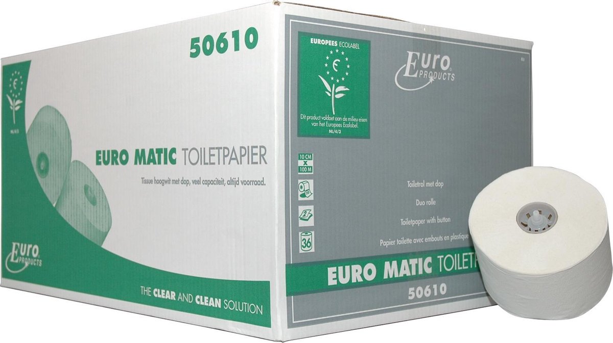 Euro Products | Recycled toiletpapier 2-laags | Doppenrol | Hoog wit | 36 x 100 meter